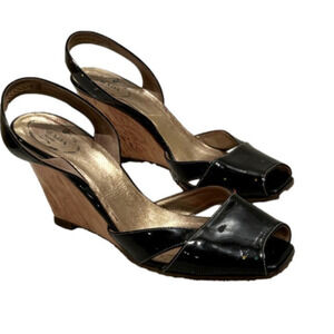 Prada 38 black patent wedge sling back  heels